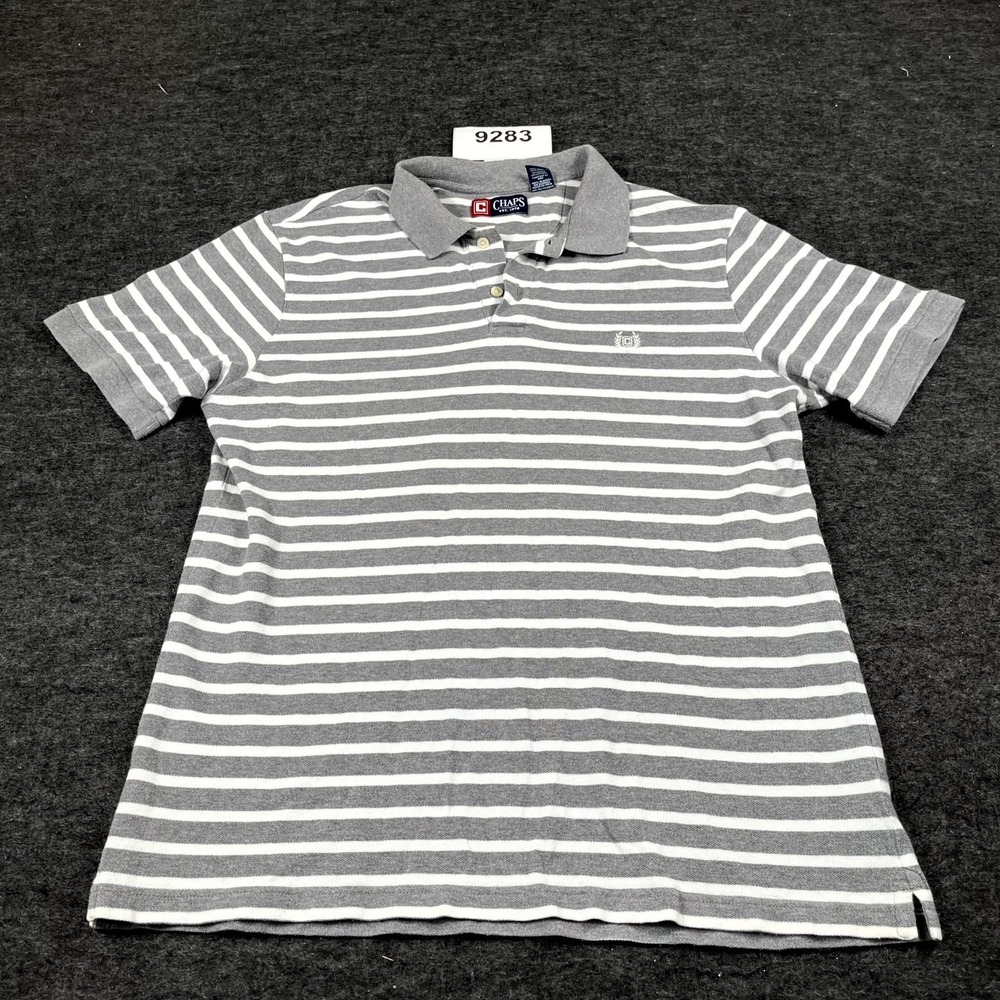 Chaps Polo Shirt Mens Large‎ Gray White Striped Cotton Collared Golf Tennis
